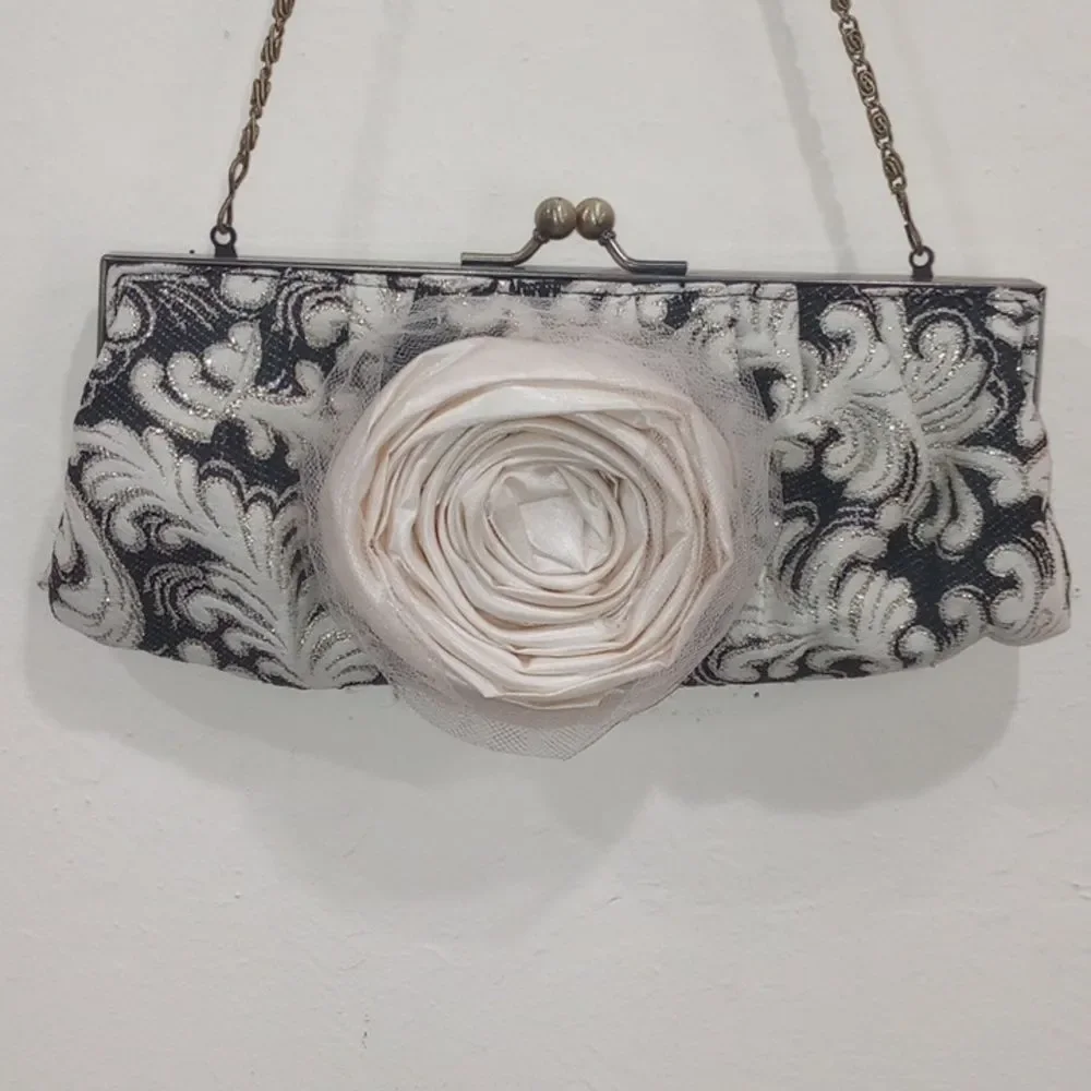 Black & Cream Brocade Evening Bag Clutch Satin Flower, Lace Netting, Chain Strap